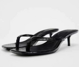 French-Style Square-Toe Women Heeled Sandals Black Thong Open-Toe Backless Fashion Summer Sandals