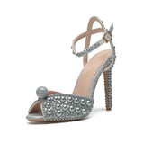 Women Glitter Beaded Stiletto High Heeled Sandals Ankle Strap Peep Toe Party Wedding Evening High Heeled Ladies Footwear