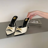 Designer Sandals Elegant Gold Chain Accent Slip on Stiletto Mules Fashion Comfortable Style Slippers Heels