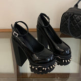 11cm High Platform Riveted Punk Large Patent Leather Women's Shoes Coarse Round Toe Size 43 Fashion Heels