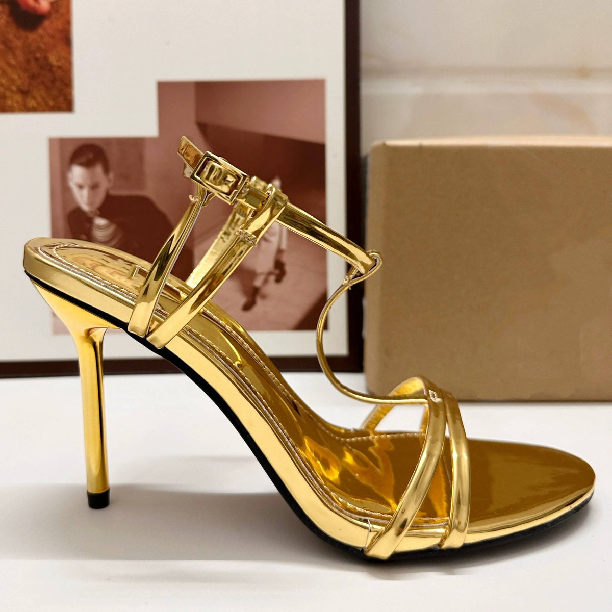 Elegant Gold Fashionable Women's High-Heeled Shoes Open-Toe Casual Dress Stiletto-Heel Sandals for Outdoor Wear
