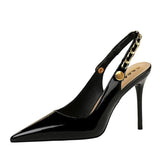 2025 New Metal Chain Black Sandals Shiny Women Shoes Slingback Pointed Toe Heels