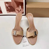New Arrival Apricot Women's High Heeled Sandals with Buckle Decoration, Office Versatile Sexy Ladies Stiletto Heel Mules