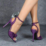 Women's Stiletto Sandals Knotted Single-Strap Pointed-Toe Gorgeous Purple Ladies Sexy Fashion High Heels Shoes