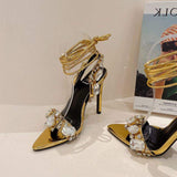 8.5CM Sexy Talons Aiguilles Luxury Rhinestone Diamond Sandals Lace-up Heels for Ladies