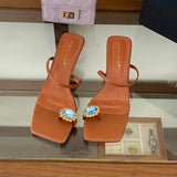 New 2026 Kitten Heel Mules Crystal Square Toe Strappy Sandals for Evening Party Wedding Slippers