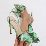 3D Butterfly Embellished Electroplated Green Color Elegant Quality Casual Women's Stiletto Heel Sandals