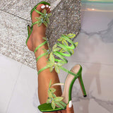 Women's Sparkling Rhinestone Floral High Heels Black Coiled Wraps Open Square Toe Elegant Sexy Heeled Sandals for Night Out Gala