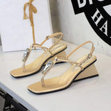 Chic Geometric Wedge Heel Sandals for Women Crystal Decor Thong Slingback Sexy Square Toe Party Dress Shoes Summer Sandals
