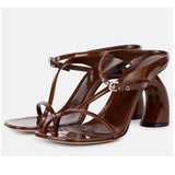 Women ChunkyTemperament Heels Sandals Open-Toe Square Toe Buckle Detail and Rear Ankle Strap Ladies Luxury Shoes
