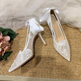 6CM/8CM Ankle Strap Talon Haut Luxury Sexy Shoes White Lace Wedding Heels for Bride