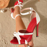 Elegant Red and White Contrast Bowknot Women Sexy Peep Toe Stiletto Sandals Ankle Strap Dress High Heels
