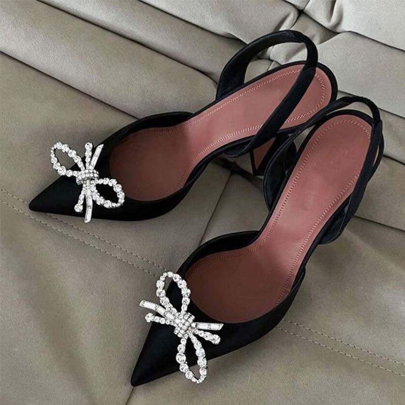 Women's Rose Gold Satin Pointed Toe Slingback Heels Crystal Bow Accent Geometric Block Heel for Party Evening Shoes