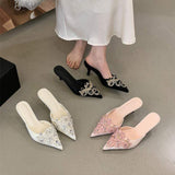 Elegant Pink Lace Kitten Heel Mules Women Crystal Beaded Pointed Toe Sandals Breathable Mesh Wedding Party Heels