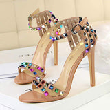Colorful Sandales Chaussure Talon Femme Bling Crystal Reflective Fashion Sexy Metal Stud Rivet Glitter Women Heels for Ladies