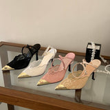 Fashion Pink Lace Ankle Strap Sandals Pointed Toe Metal Cap Stiletto Heels Sexy Slingback Pumps Office Lady Summer Shoes