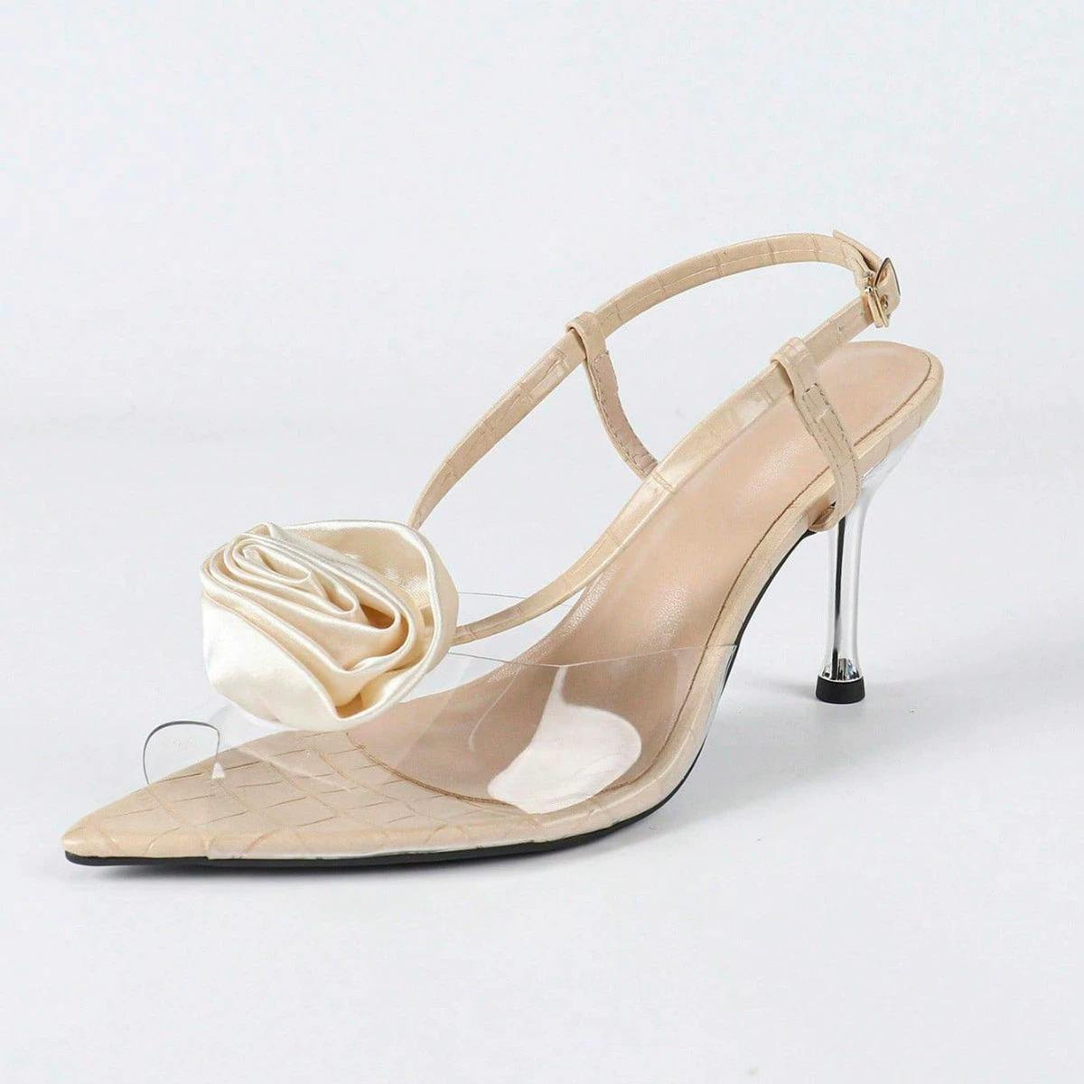 Beige Color Pointed Toe Flower Decoration Pointed Toe Ladies Heeled Sandals Quality Fashion Women Sexy Feet Sandals
