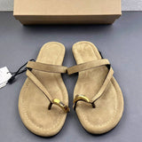Premium Faux Suede Women Flat Sandals Vintage Metal Hardware Thong Slippers Elegant Casual Summer Beach Flip Flops Footwear