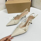 Women's Dress Sandals - Pointed Toe, Slim Heel, Buckle Detail, Enclosed Toe Cap, Open-Back, Slip-On Ladies Heeled Sandals