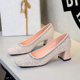 Women's Shoes 2025 New Sequins Rhinestones Square Toe Thick Heel Elegant Temperament Heels