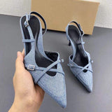 Es Chaussures Talon Femmes Escarpins Slingback Style Pointed Toe Denim High Heel for Women