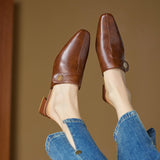 Women Genuine Leather Mules Square Toe Block Heel Slides Sheepskin Insole Breathable Comfort Professional Work Shoes Brown