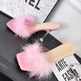 Sandalias De Peluche Pink Feather High Heel Mule Slip on Clear Stiletto Sandales Femme Slippers