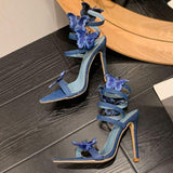 Denim Blue Snake Female Party Shoes Sandal Ankle Wrap Around Heels for Women