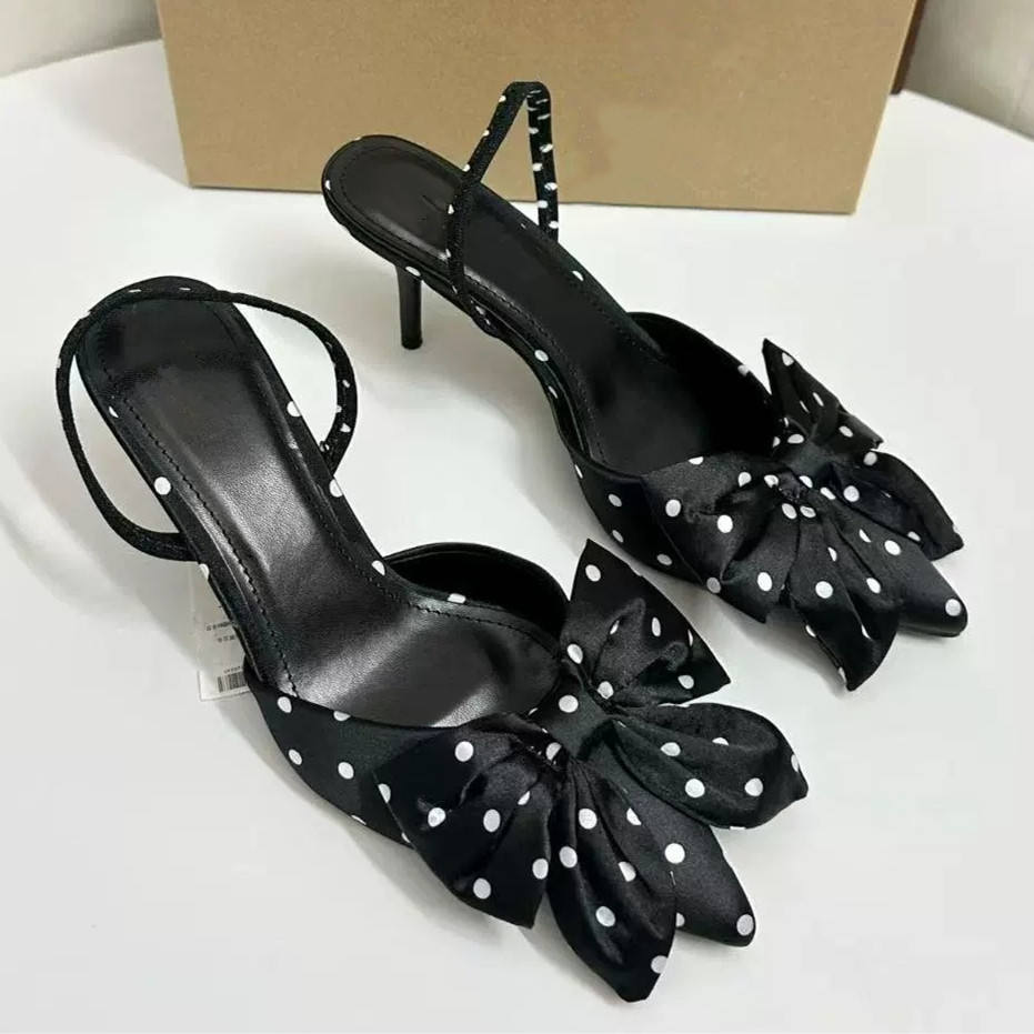 Pointed-Toe Bowknot Cutout Women's Pumps Sandals, Polka Dot Fashion Ladies Sexy Heeled Shoes