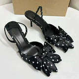 Pointed-Toe Bowknot Cutout Women's Pumps Sandals, Polka Dot Fashion Ladies Sexy Heeled Shoes