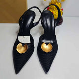 French-Style Hollow-Out Female Heeled Sandals Sexy Classic Ladies Mules with Metal Petal Ornament