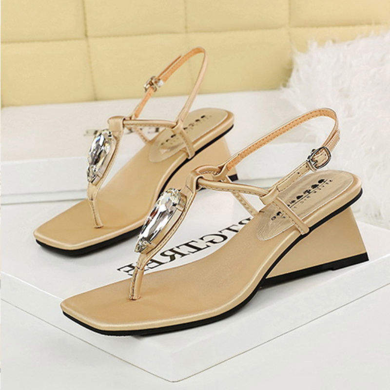 Chic Geometric Wedge Heel Sandals for Women Crystal Decor Thong Slingback Sexy Square Toe Party Dress Shoes Summer Sandals