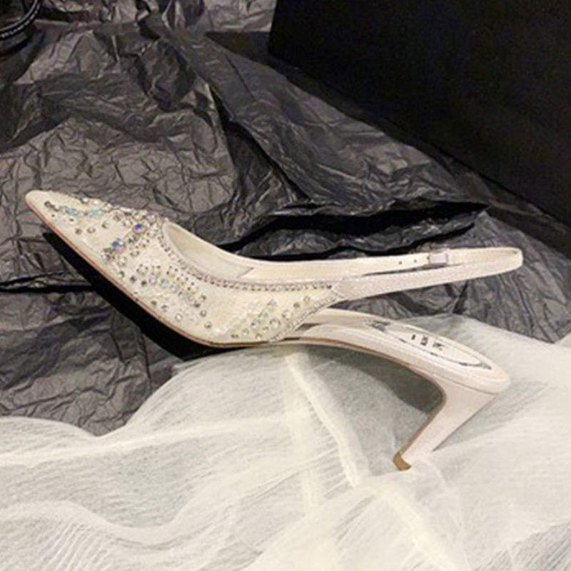 6.5CM/Flat Wedding Escarpins Femme Talon Haut White Diamond Fashion Slingback Women Pumps High Heels