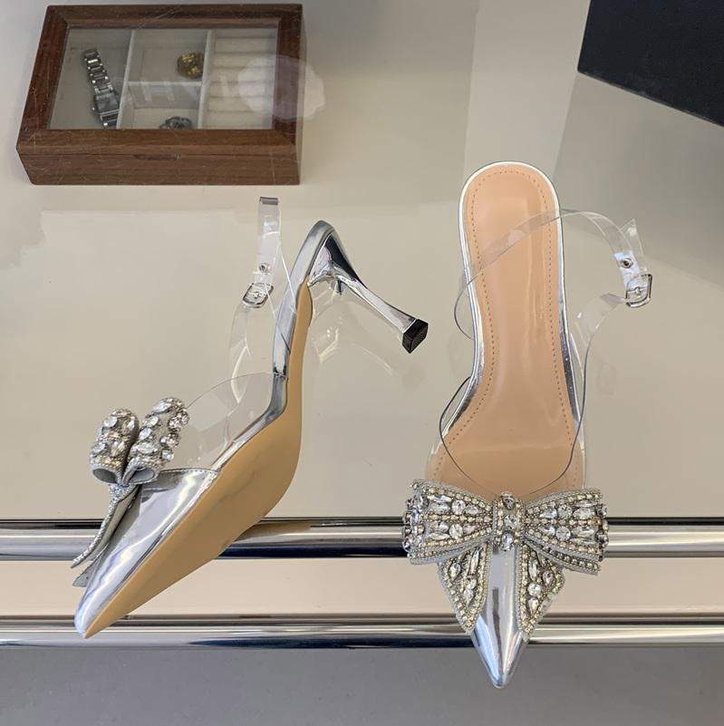 Fashion Ladies Pointed Toe 7.5CM Heel Rhinestone Butterfly Knot Transparent Ankle Strap Bridal Prom Shoes Heels