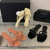 Cream Bow Knot Kitten Heel Mules for Women Elegant Square Toe Slip On Heeled Sandals Comfortable Summer Dress Shoes Slippers
