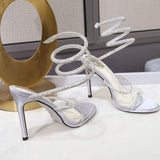 Silver Bottom European and American Version Sexy Bling Rhinestone Snake Ankle Wrap Silver Heels for Women