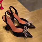 Women's Rose Gold Satin Pointed Toe Slingback Heels Crystal Bow Accent Geometric Block Heel for Party Evening Shoes