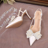 Detachable Wedding Shoes Zapatos Mujer Saltos Bow Lace up Strappy Ankle Pearl Strap White Wedding Heels for Bride