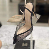8.5CM/10CM Zapato De Tacon Women's Lace Rhinestone Slingback Heels Pointed Toe Stiletto Sandals for Wedding Party Evening