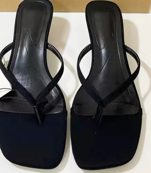 French-Style Square-Toe Women Heeled Sandals Black Thong Open-Toe Backless Fashion Summer Sandals