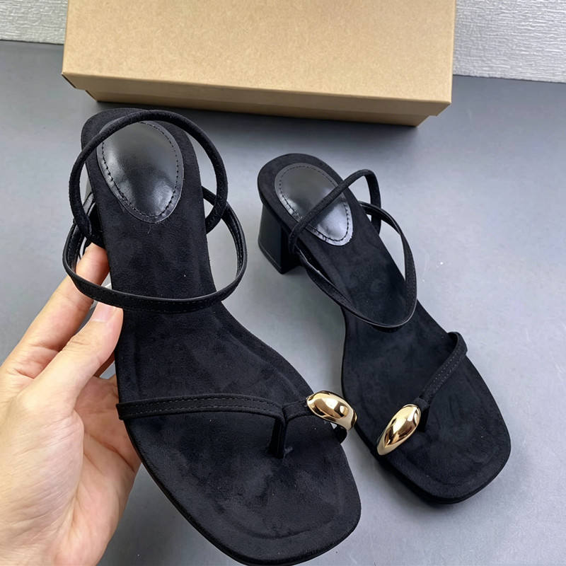 Minimalist Black Faux Suede Sandals Gold Pebble Accent Square Toe Chunky Low Block Heels Elegant Summer Dress Shoes