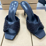 Chaussure Talon Women's Square Toe Pearl Beaded Mules Slip-on Sandals Elegant Thin High Heel