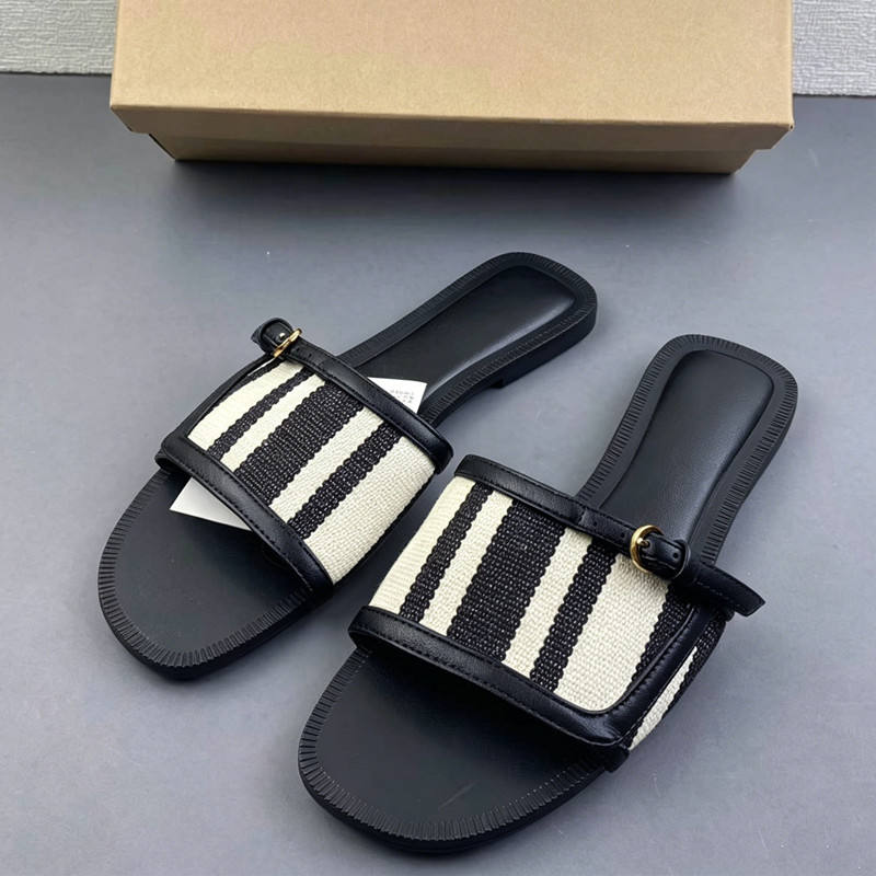 Fashion Striped Flat Sandals for Women Luxury Buckle Slip On Mules Outdoor Square Toe PU Leather Slide Slippers