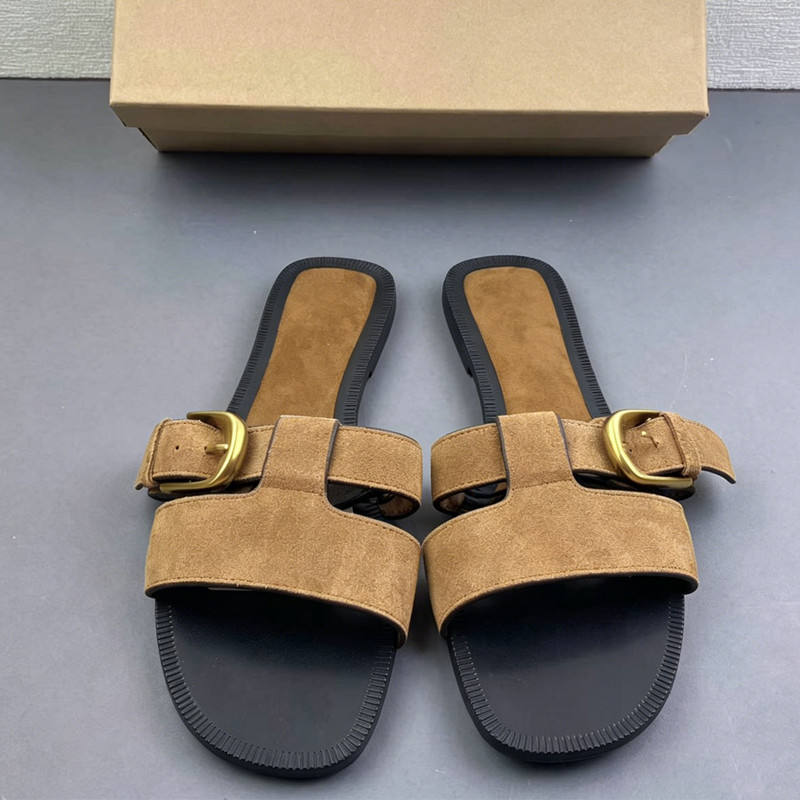 Premium Faux Suede Women Flat Sandals Vintage Gold Buckle Slide Slippers Elegant Casual Outdoor Summer Beach Shoes