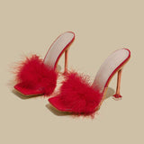 Feather Fur New Fashion Summer Spring Cute Mules Lady Sandals Slippers Elegant 2025 Heels for Women