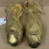 Gold Metallic Effect Women's Ankle Strap Flat Heeled Sandals, Round Toe Hollow-Out Open Toe Footwear