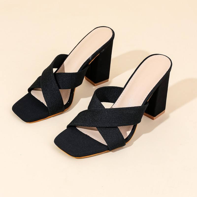 Beige Elastic Knit Criss Cross Mule Square Toe Block Heel Comfort Slip on Designer Office Wear Women Slippers