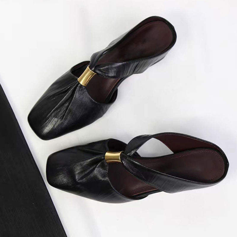 Women's Square Toe Leather Mules Metal Buckle Backless Slipper Sandals Heels for Casual Daily Wear