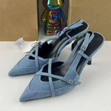 New Arrival: Women's Blue Denim High-Heel Mule Sandals, British Style Cross-Strap Backless Slip-On Shoes