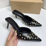 Sandales a Talons Hauts Femmes Elegant & Sexy Pointed Toe Rivet Decor High Heel Sandals for Women, Slim Heel, Outdoor Wear